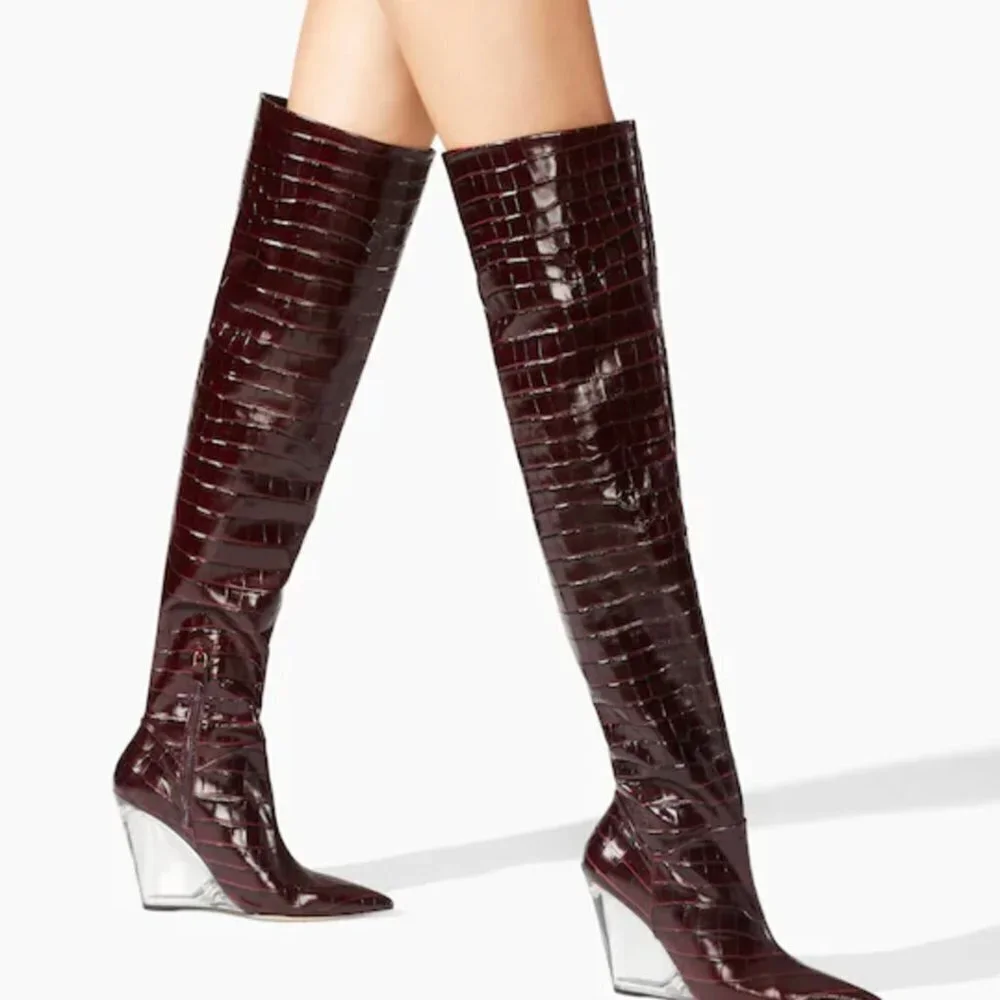 Stuart Weitzman Black Leather Lucite Wedge Over the Knee Boots